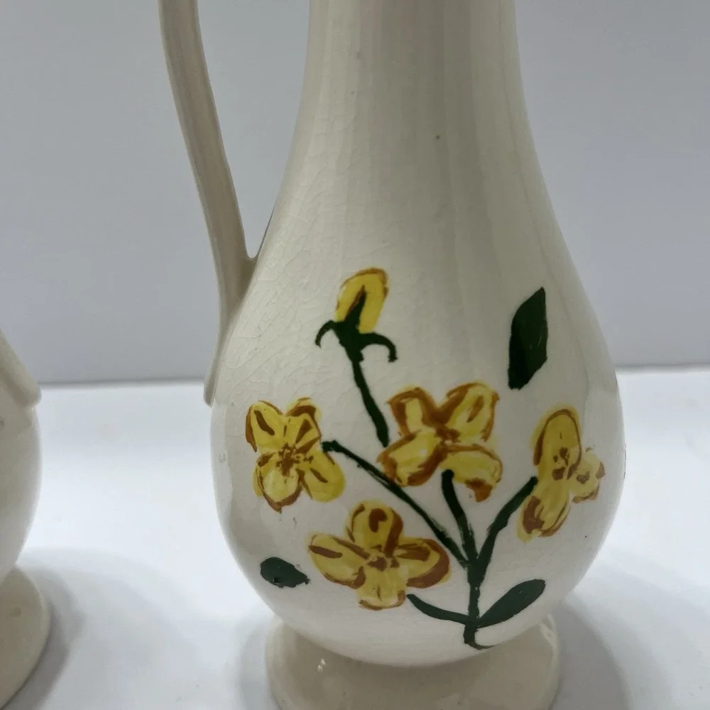 Vintage Off-White Floral Vases Set Of 2 Yellow Flowers Signed 1964 Ceramic